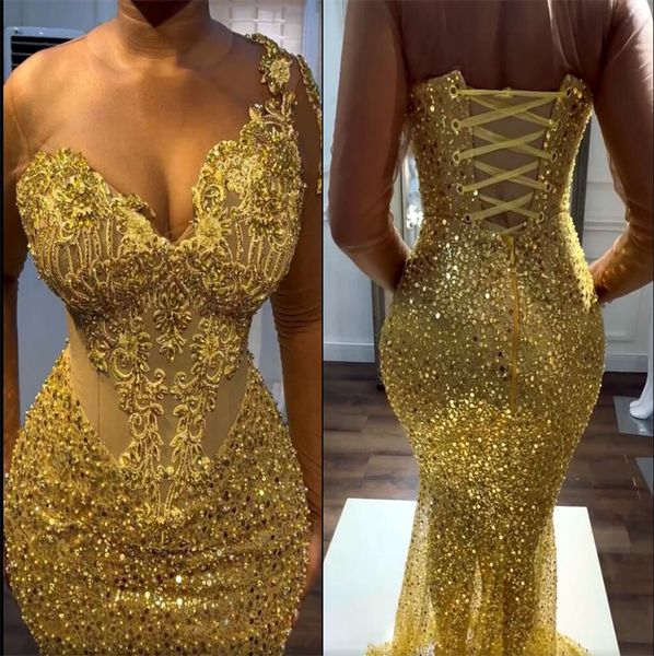 2022 plus size arabic aso ebi mermaid luxurious gold prom dresses sequined lace evening formal party second reception birthday engagement go, Black
